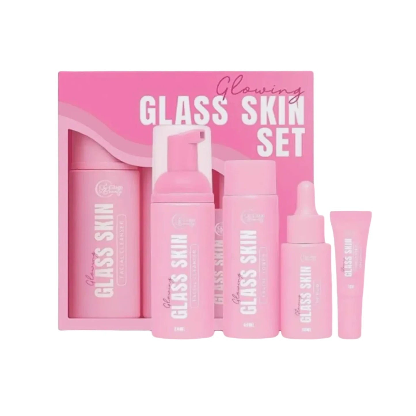 Pink 'Glowing Glass Skin' skincare set on a white background