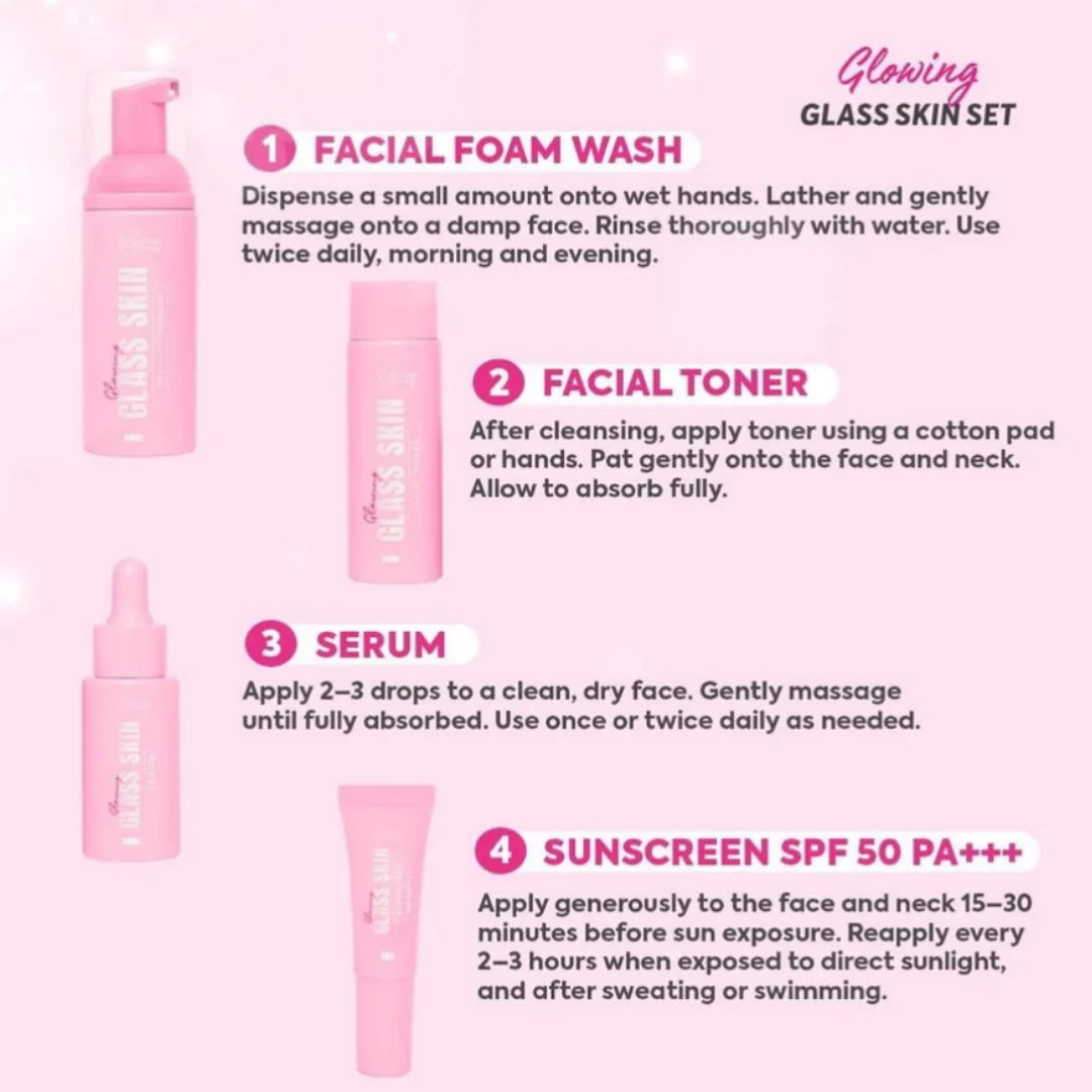Pink skincare product set with usage instructions on a white background