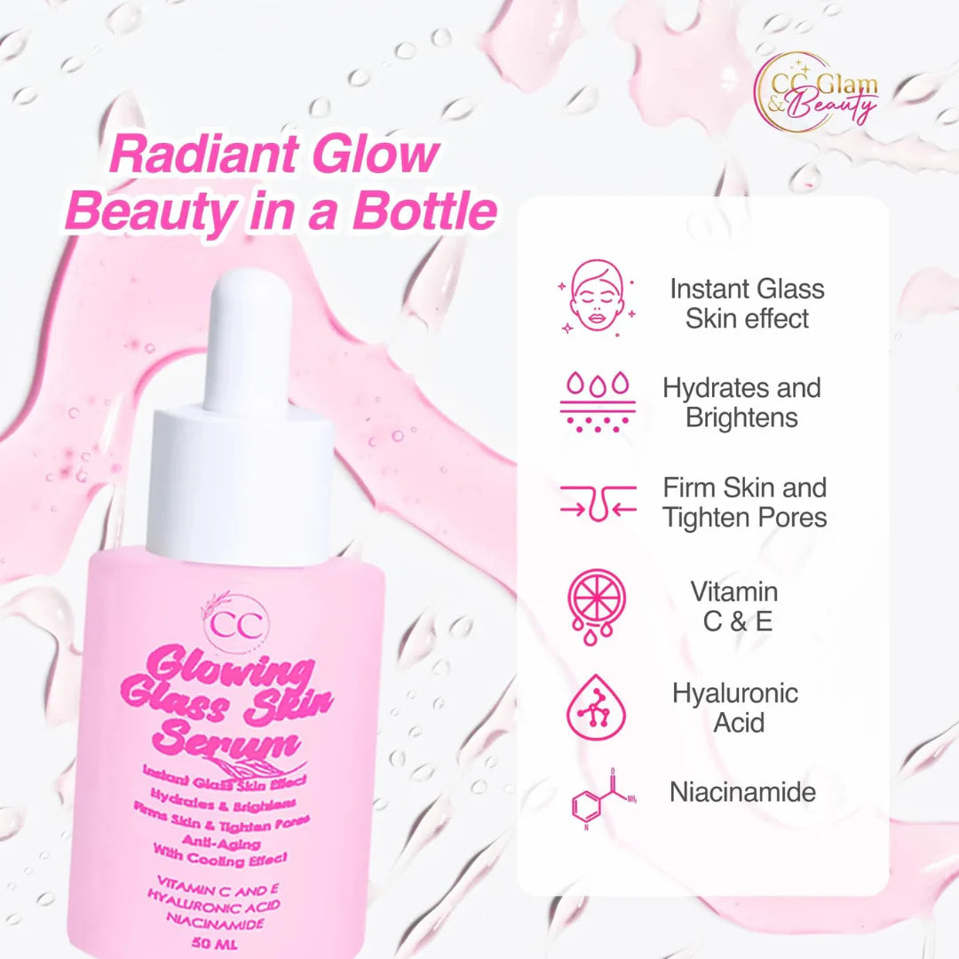 Pink serum bottle with text highlighting features on a pink background
