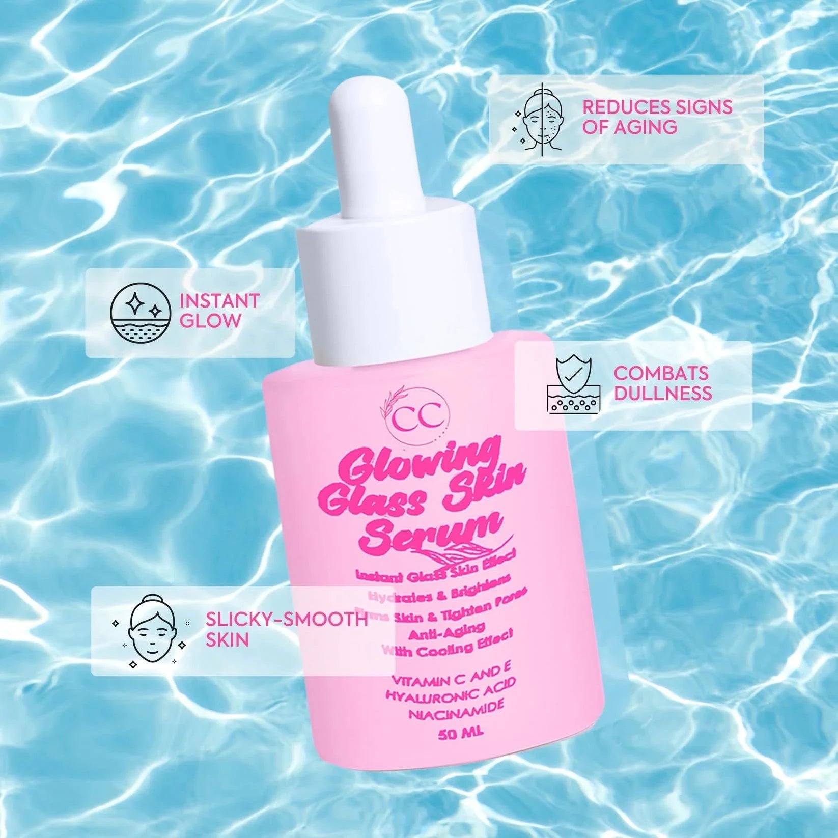 Pink serum bottle with dropper on a blue water background