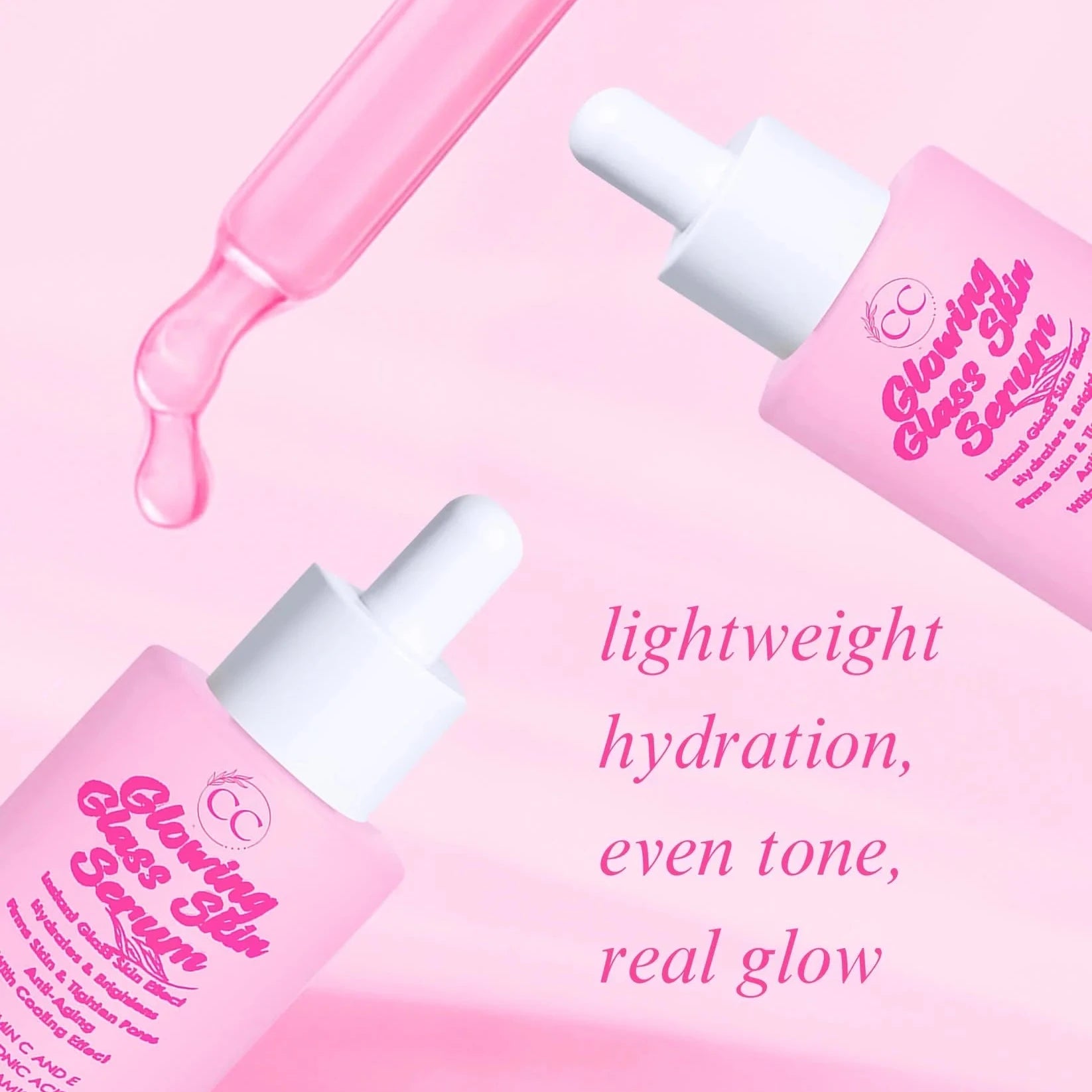 Pink skincare droppers with text on a pink background