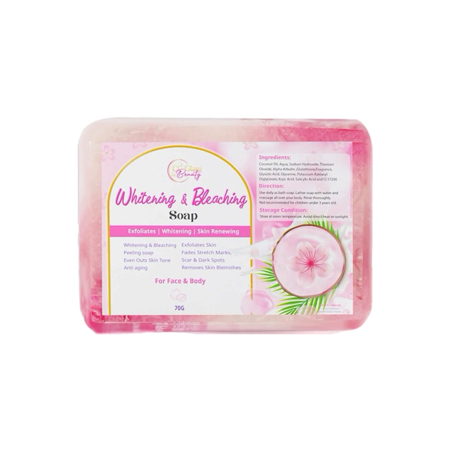 Bar of soap with a pink and white label on a white background