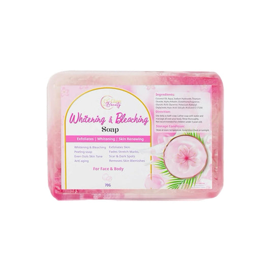 Bar of soap with a pink and white label on a white background
