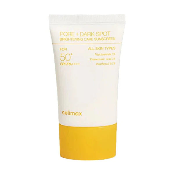 Celimax sunscreen tube with white cap and yellow base on a white background