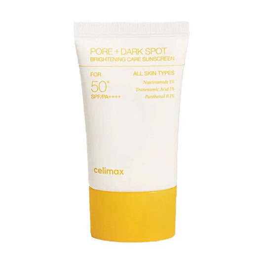 Celimax sunscreen tube with white cap and yellow base on a white background
