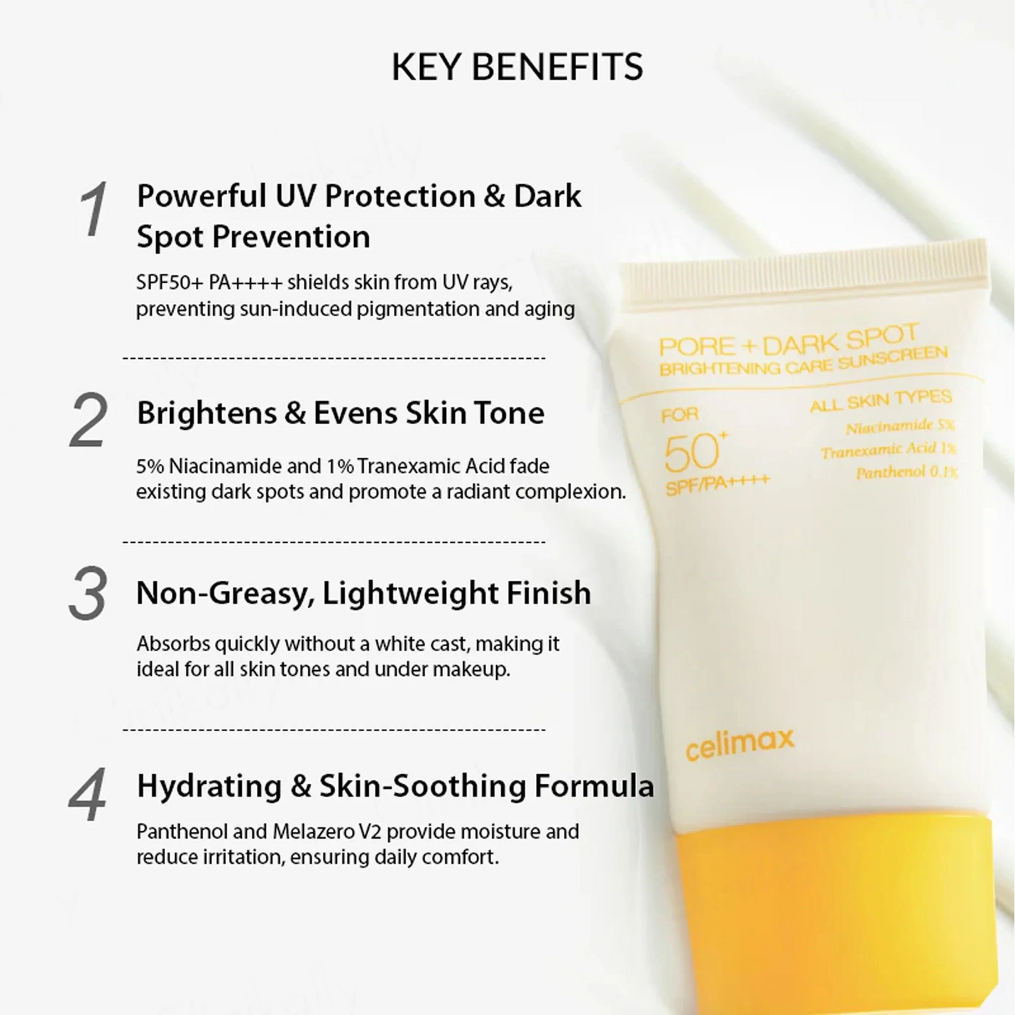 Sunscreen product with key benefits listed on a white background