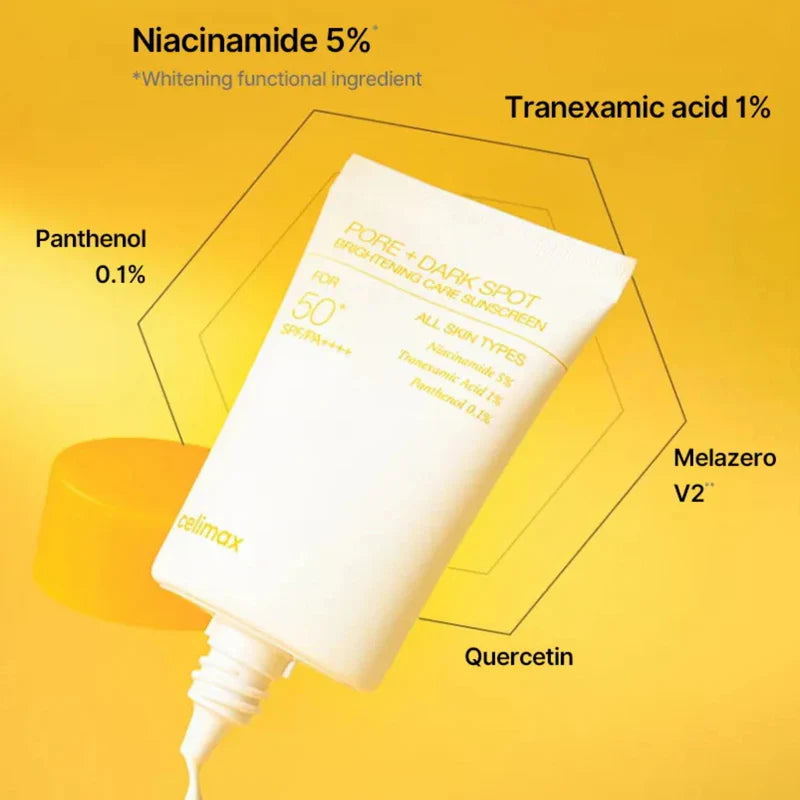 Skincare product with labeled ingredients on a yellow background