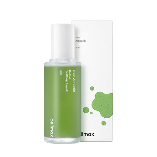 A bottle of The Real Noni Energy Ampoule by Celimax, with a green label and white cap, against a white background with green decorative elements.