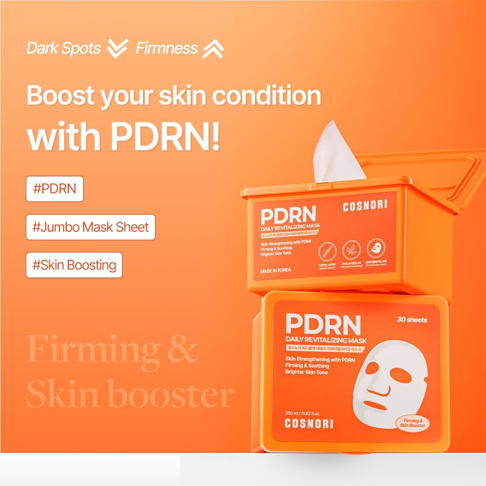 PDRN skincare product packaging on an orange background with text about skin condition improvement.