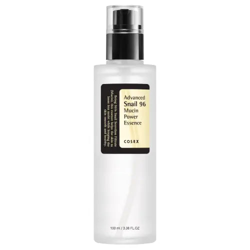A white bottle with a pump dispenser labeled 'Advanced Snail 96 Mucin Power Essence' by COSRX.