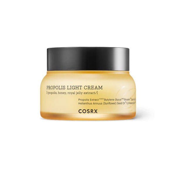 A jar of COSRX Full Fit Propolis Light Cream with a black lid and a yellow label, on a white background.