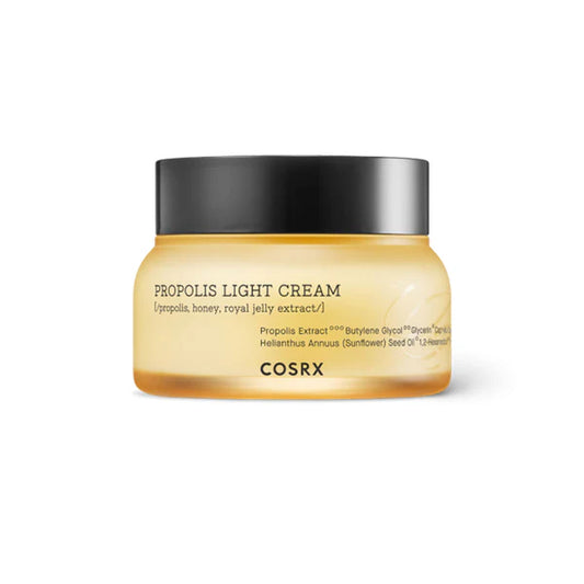 A jar of COSRX Full Fit Propolis Light Cream with a black lid and a yellow label, on a white background.
