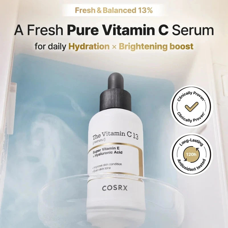 COSRX Vitamin C serum packaging with dropper bottle on a light blue background