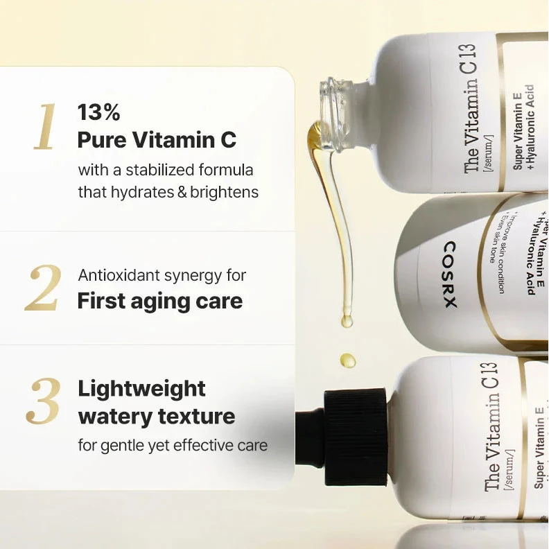 Cosrx skincare product with text highlighting exclusive benefits on a beige background