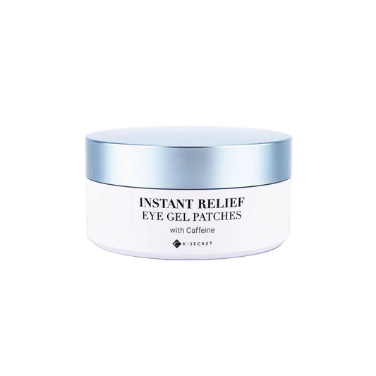 Jar of Instant Relief Eye Gel Patches with Caffeine on a light gray background