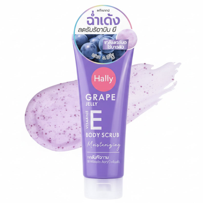 Purple body scrub with grape flavor packaging on a white background