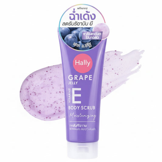 Purple body scrub with grape flavor packaging on a white background