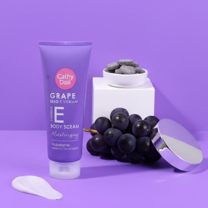 Purple body scrub with grapes on a purple background