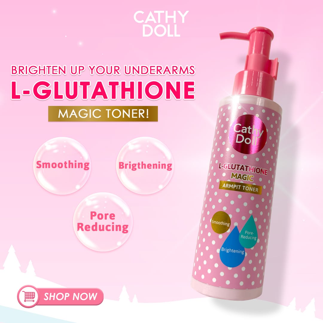 Cathy Doll skincare product with pump on a pink background