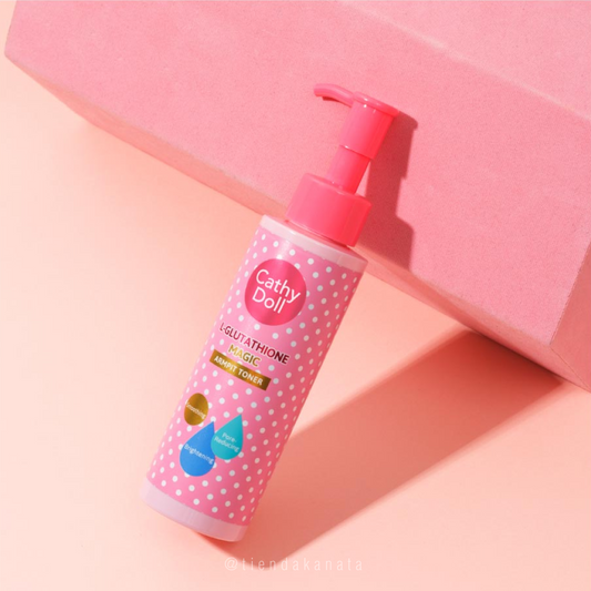 Cathy Doll skincare bottle with pink pump on a pink background