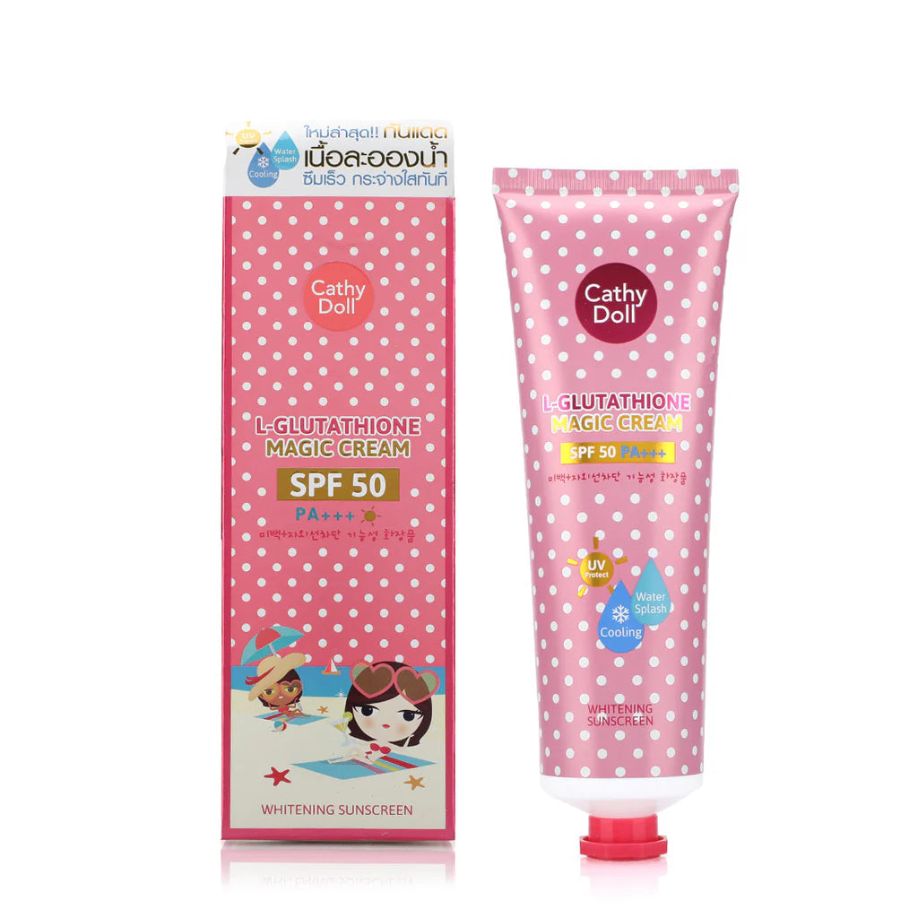 Cathy Doll L-Glutathione Magic Cream SPF 50 packaging with pink and white polka dot design on a white background.