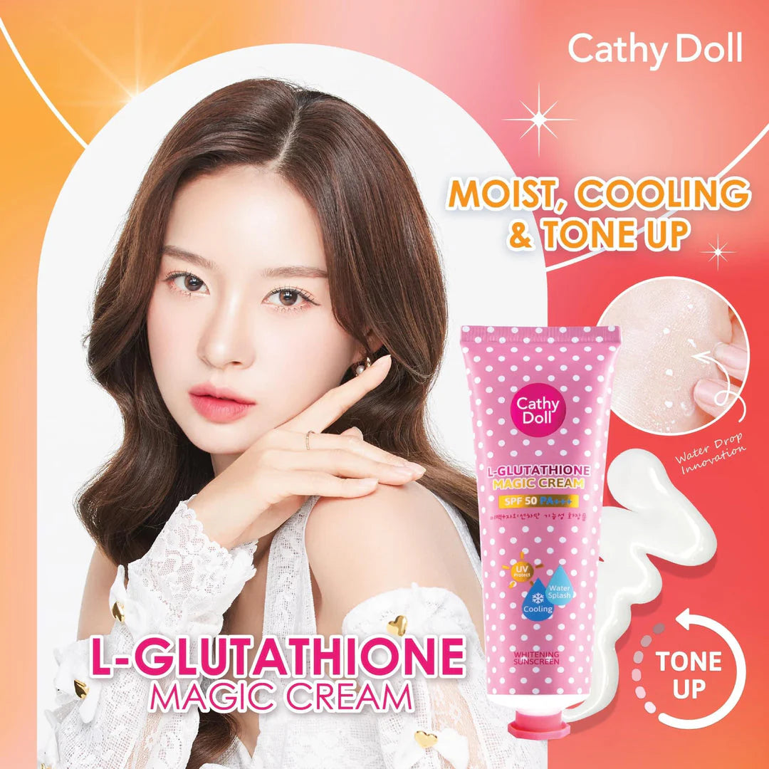 Cathy Doll L-Glutathione Magic Cream advertisement with a model and product packaging.