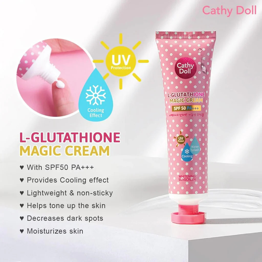 Pink L-Glutathione Magic Cream tube with cooling effect and UV protection on a white background, featuring the brand 'Cathy Doll'.