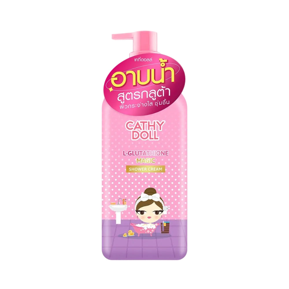 Pink and purple bottle of Cathy Doll shower cream on a white background