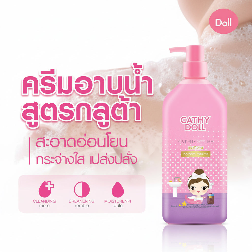Pink bottle of Cathy Doll product with a hand holding it, on a light pink background.
