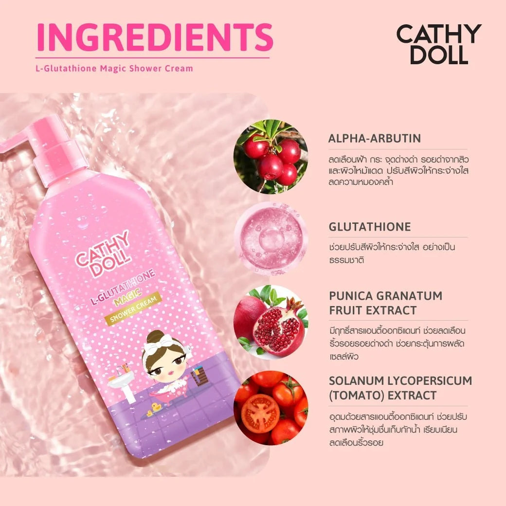 Cathy Doll L-Glutathione Magic Shower Cream with ingredient list on a pink background