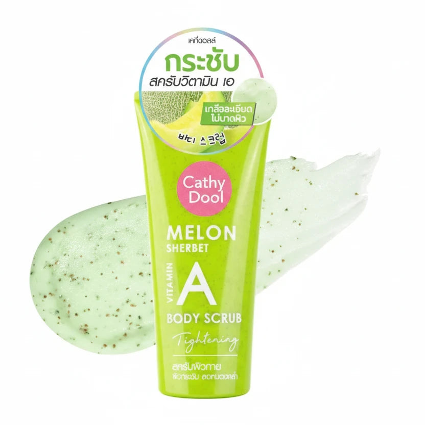 Cathy Doll Melon Sherbet A Body Scrub with green packaging on a white background