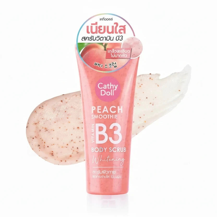 Cathy Doll Peach Smoothie B3 Body Scrub with a scrubber on a white background