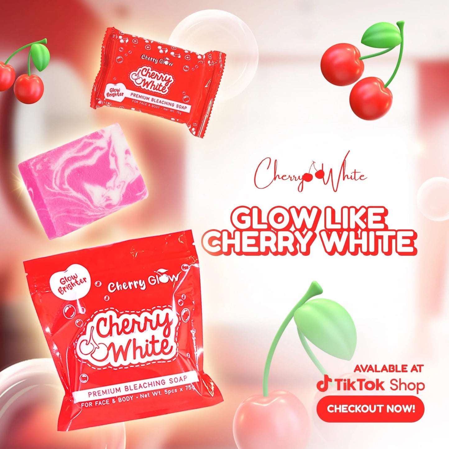 Cherry White soap packaging with cherries and promotional text on a light background