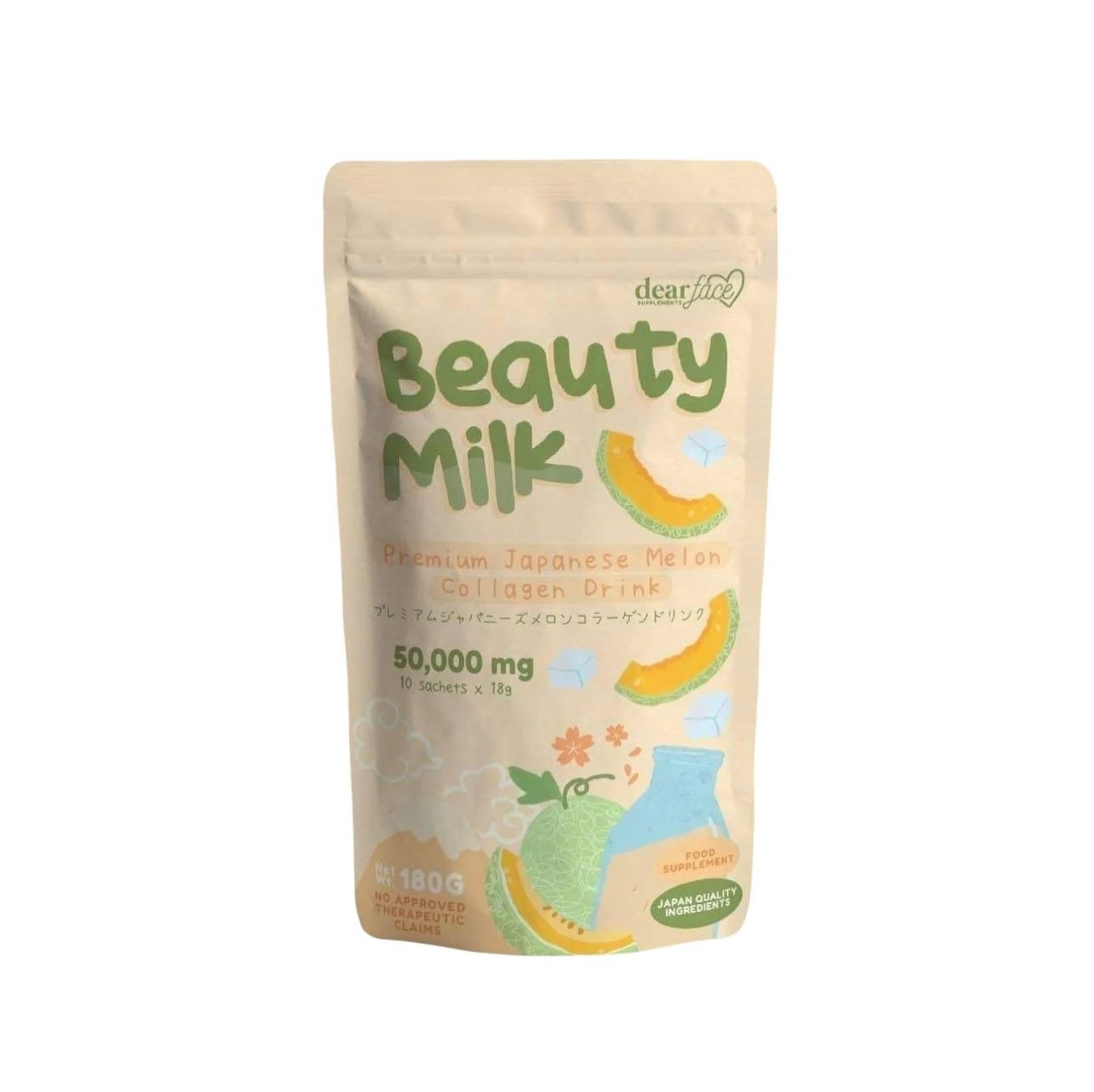 A pack of Beauty Milk Melon Collagen drink with illustrations of melons and skin imagery on the front.
