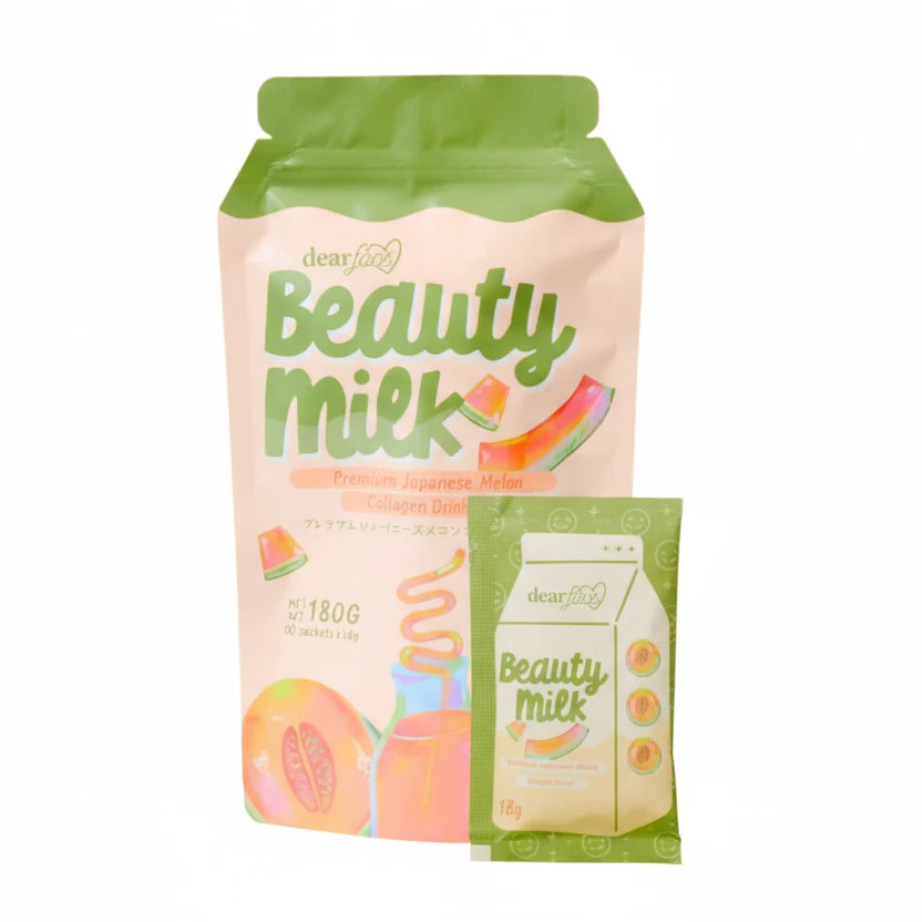Beauty Milk packaging with green and beige design on a white background