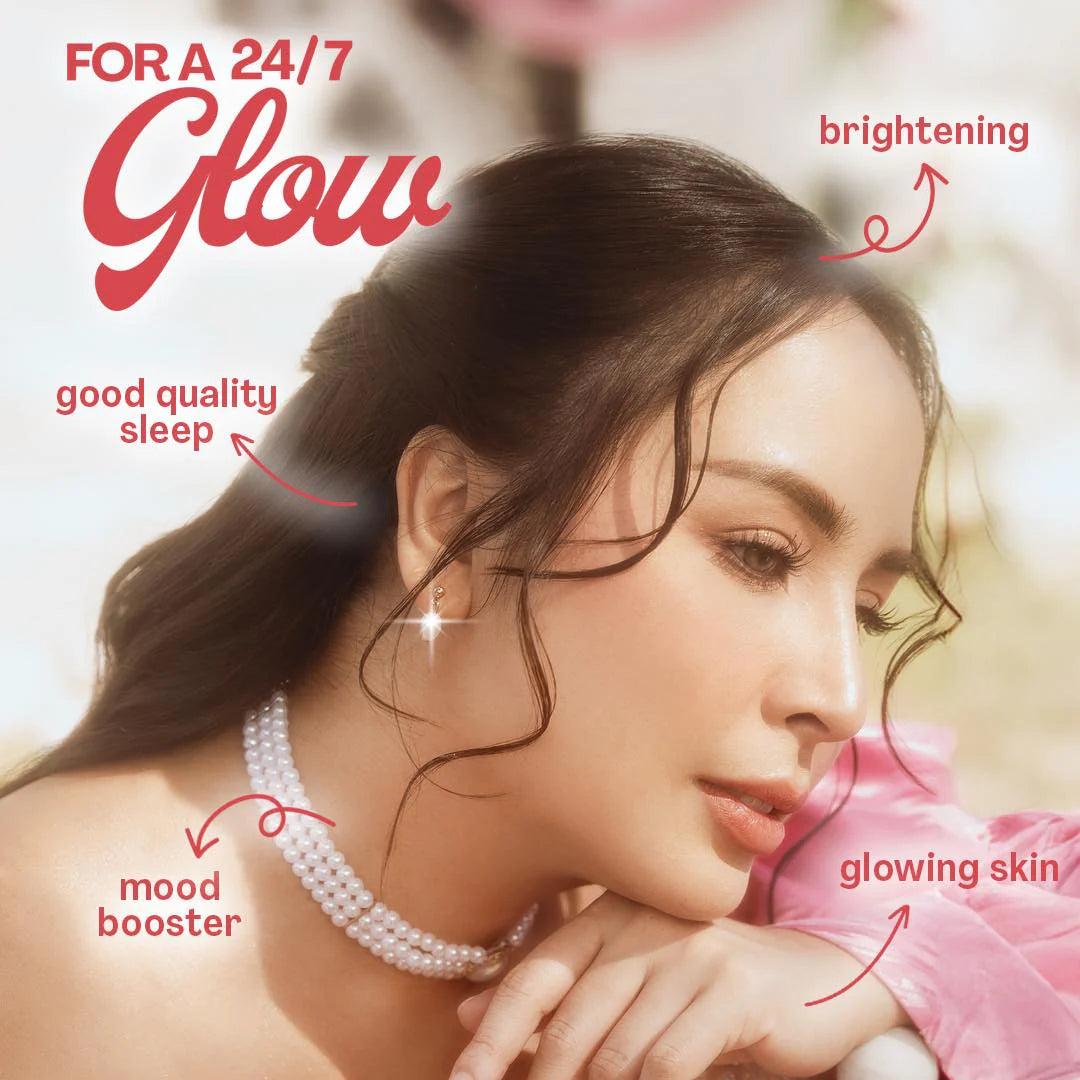 Woman with glowing skin and text highlighting benefits for a 24/7 glow.
