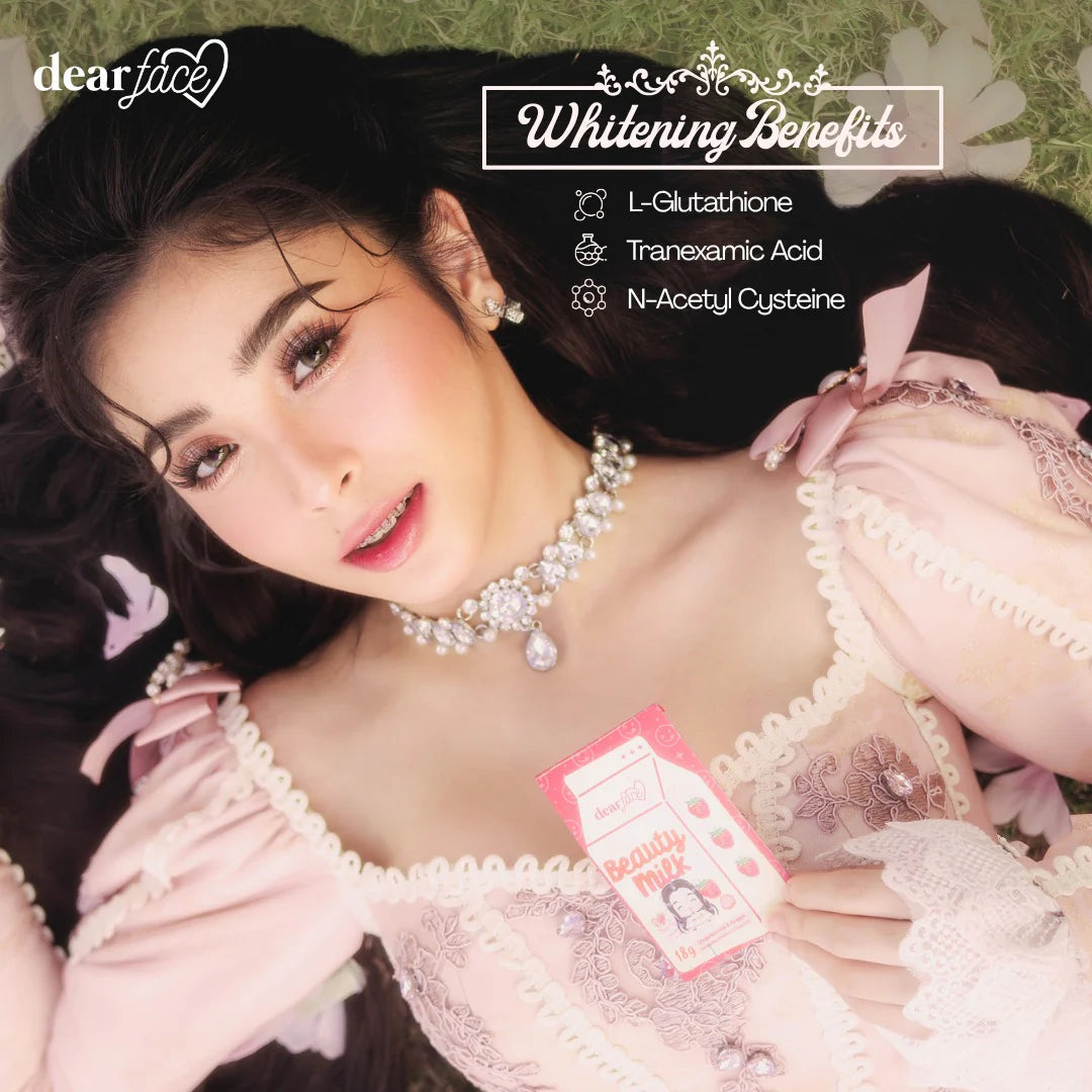 Woman in a pink dress with a necklace, lying on a grassy background with 'dearface' branding and product details.