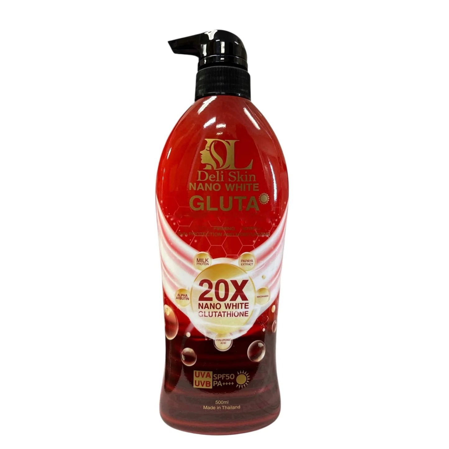 Bottle of Del Skin Nano White Gluta with red label on a white background