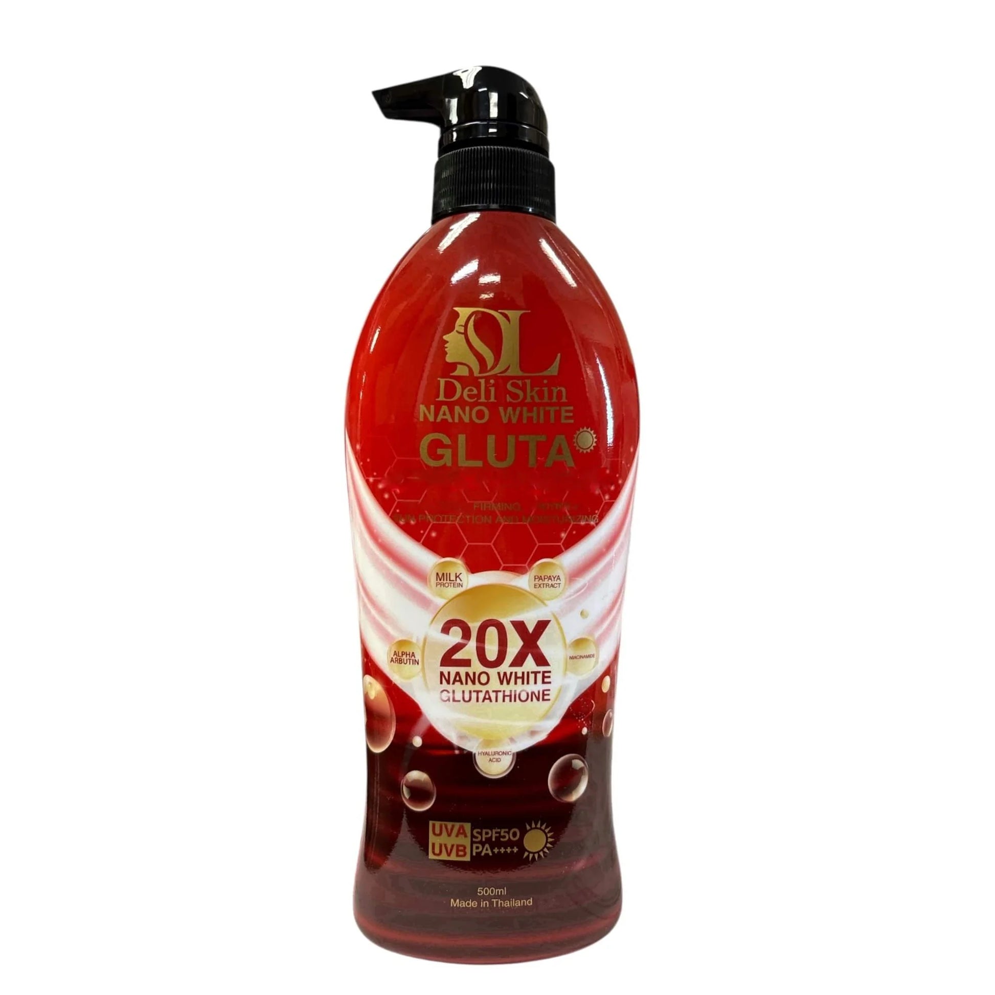 Bottle of Del Skin Nano White Gluta with red label on a white background