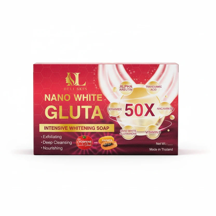 Box of Nano White Gluta soap with red and white design on a dark background