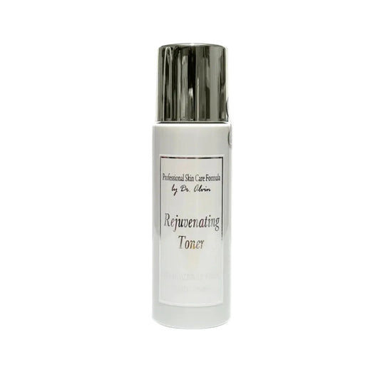 Skincare toner bottle with silver cap on a white background