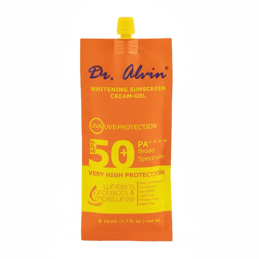 Dr. Alvin sunscreen cream-gel packaging with orange and yellow design on a white background