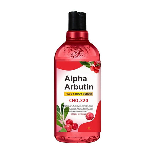 Alpha Arbutin face and body serum bottle with red liquid on a white background