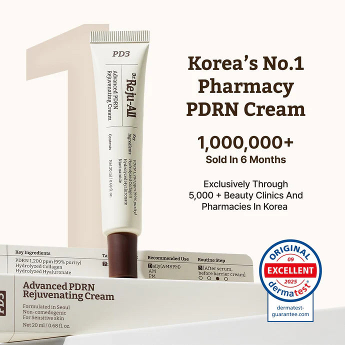 Korea's No.1 Pharmacy PDRN Cream with packaging and Dermatest certification badge.