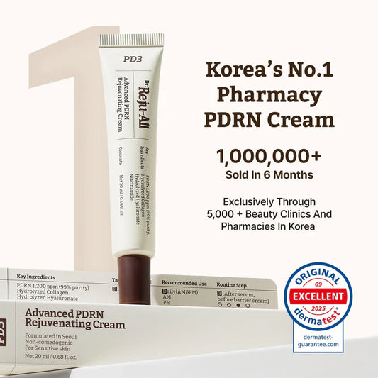 Korea's No.1 Pharmacy PDRN Cream with packaging and Dermatest certification badge.