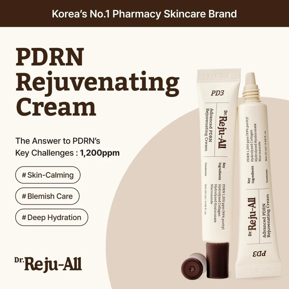 Dr. Reju-All PDRN Rejuvenating Cream with product packaging on a beige background