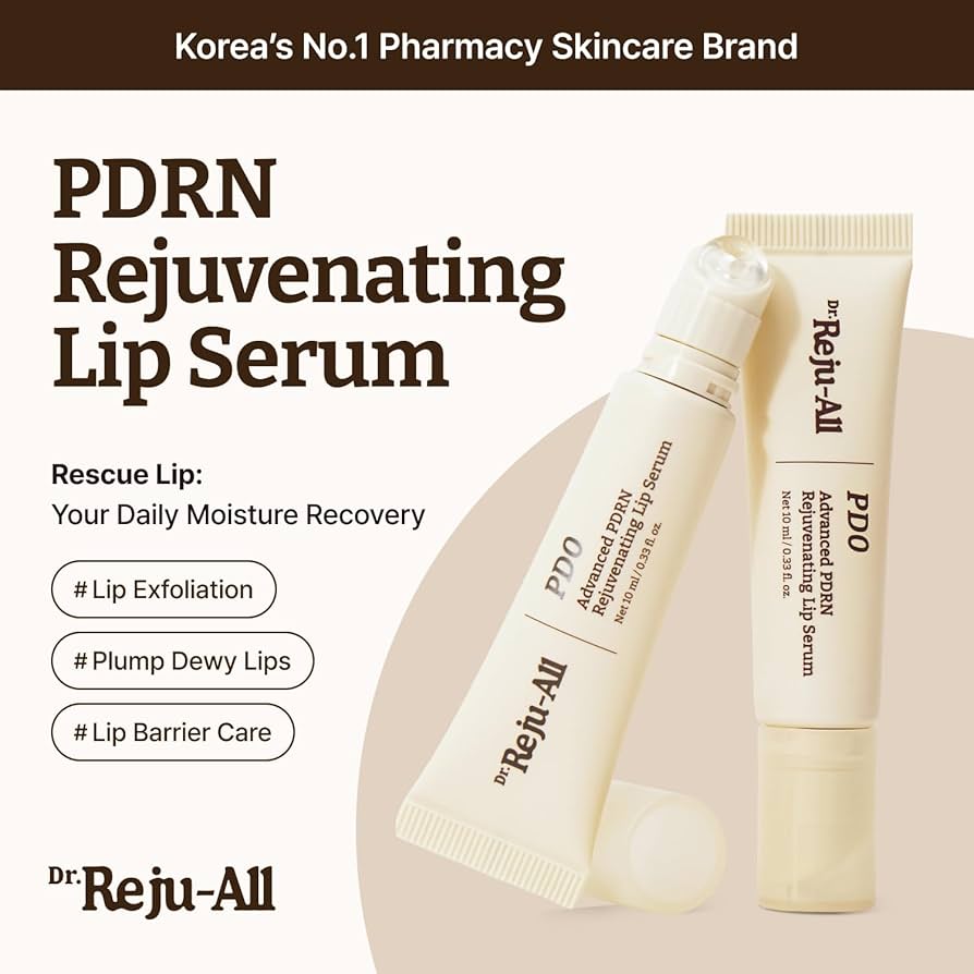 Dr. Reju-All PDRN Rejuvenating Lip Serum with product packaging on a beige background