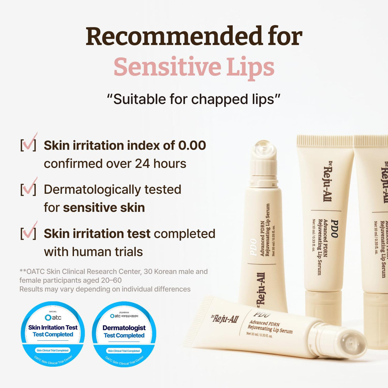 Lip care products with text highlighting suitability for sensitive lips and dermatological testing.