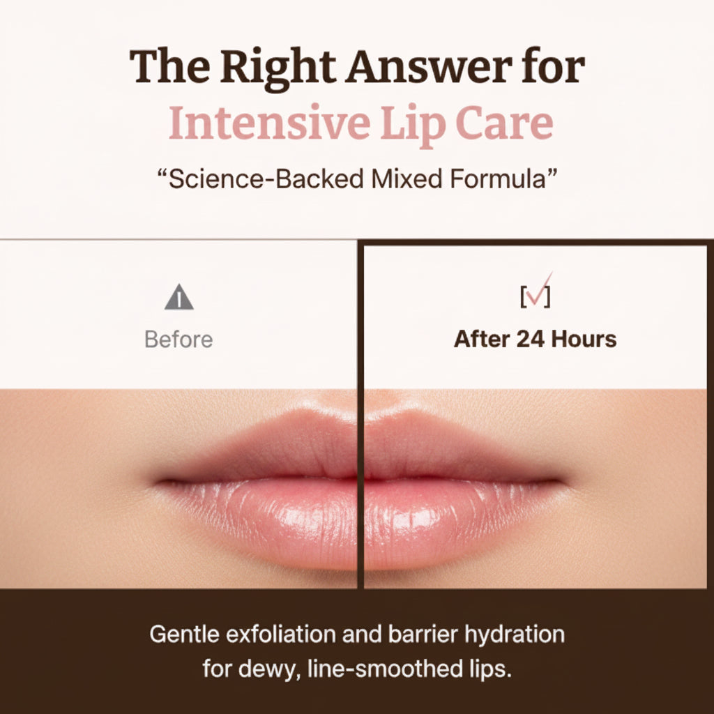 Before and after comparison of lip care product with text about intensive lip care and science-backed mixed formula.