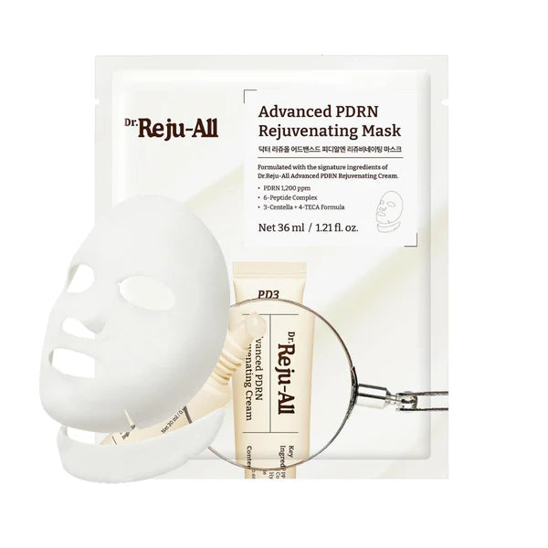 Dr. Reju-All Advanced PDRN Rejuvenating Mask packaging with a mask and cream bottle on a white background